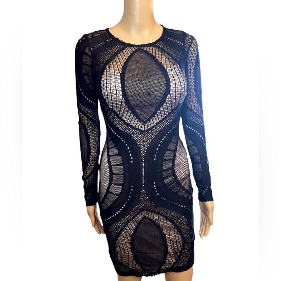 BOU BOU Boutique - Black Lace Nude Illusion Long SleevesBodycon Dress- Small - Picture 4 of 7